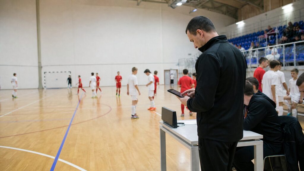 Organizacija futsal turnira u sportskoj dvorani sa ekipama na terenu, digitalnim zapisnikom i publikom na tribinama.