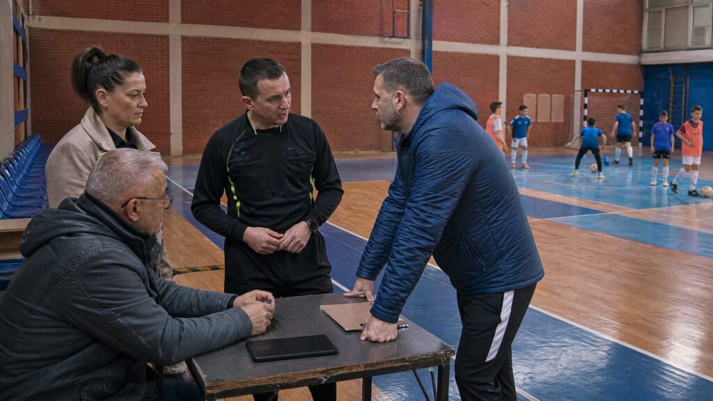 Organizator turnira, sudija i zapisničar sarađuju za zapisničkim stolom u sportskoj dvorani prije početka utakmice.