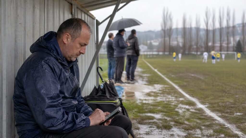 Trener i sudija na blatnjavom sportskom terenu koriste pametni telefon za unos rezultata utakmice u uslovima nestabilnog interneta.