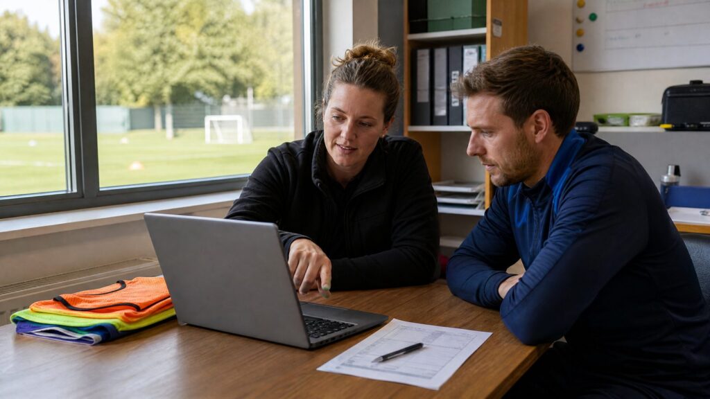 Trener i upravnik kluba organizuju turnir i vode digitalnu evidenciju na laptopu u modernoj klupskoj kancelariji s pogledom na teren.