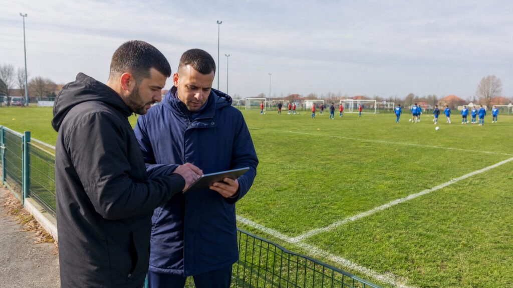 Organizator lige i trener provjeravaju raspored utakmica, tabele i rezultate na pametnom telefonu tokom sportskog takmičenja na terenu.